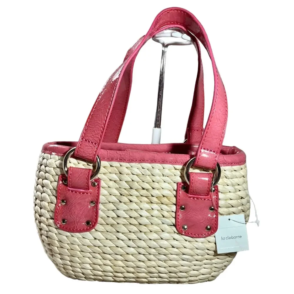 Liz Claiborne Purse Salmon Pink trim Cornhusk Straw Body Magnetic New With Tags